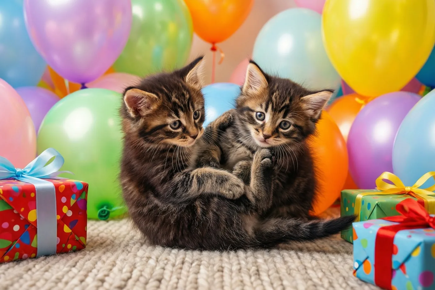 Twee gestreepte kittens spelen op een beige wollen tapijt tussen pastelballonnen en ingepakte verjaardagscadeaus, met vooral paars, groen en geel in beeld.