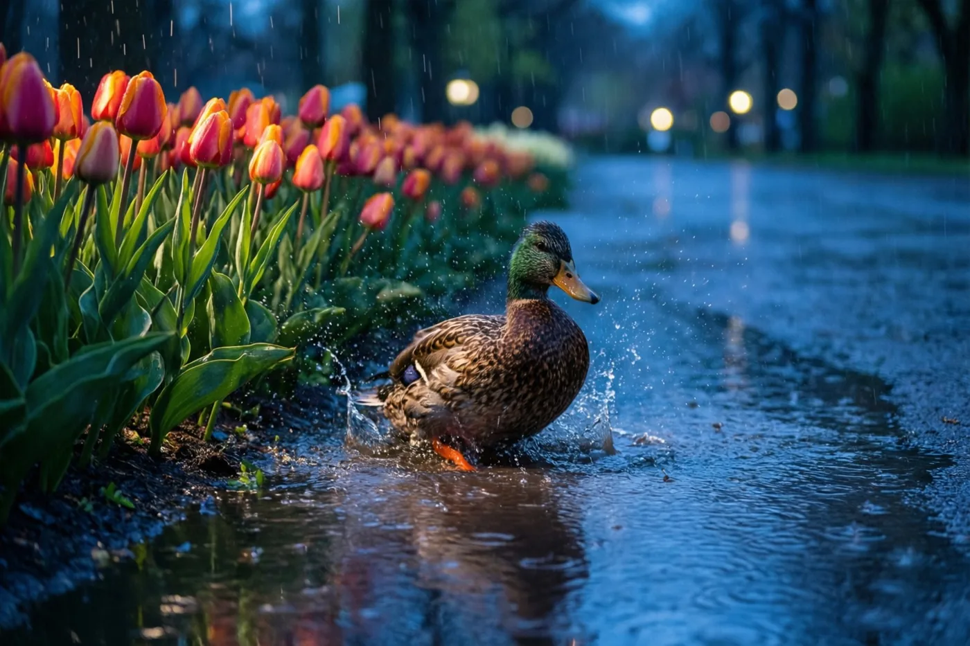 Een eend spat door een plas op een nat parkpad naast rode en oranje tulpen in de regen, met vage warme lichtjes in de schemering.
