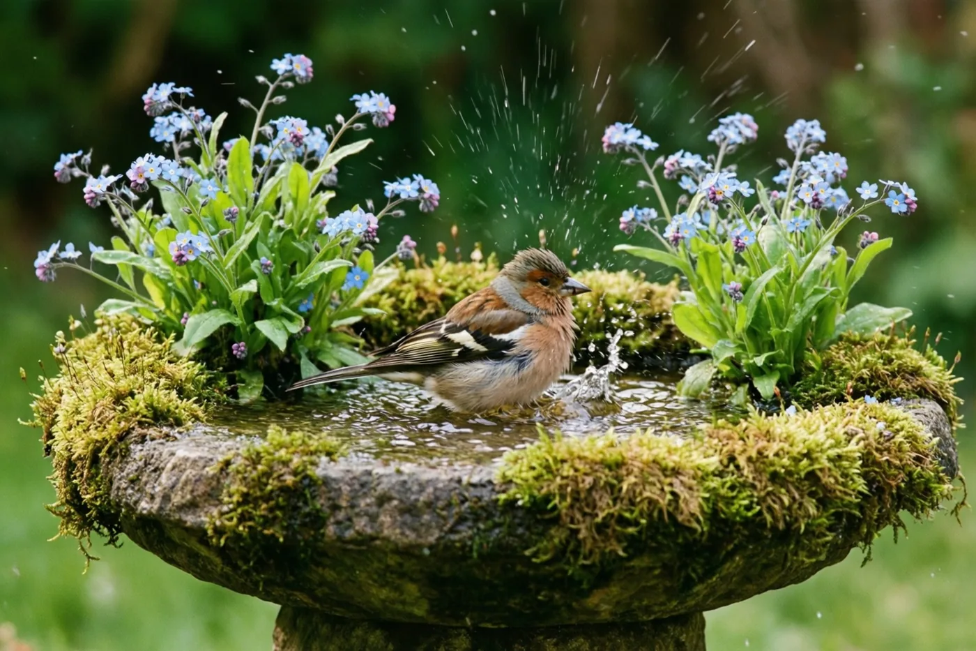 Een vink spettert in een met mos bedekt stenen vogelbad, omringd door blauwe vergeet-mij-nietjes en frisgroen blad in een weelderige tuin.
