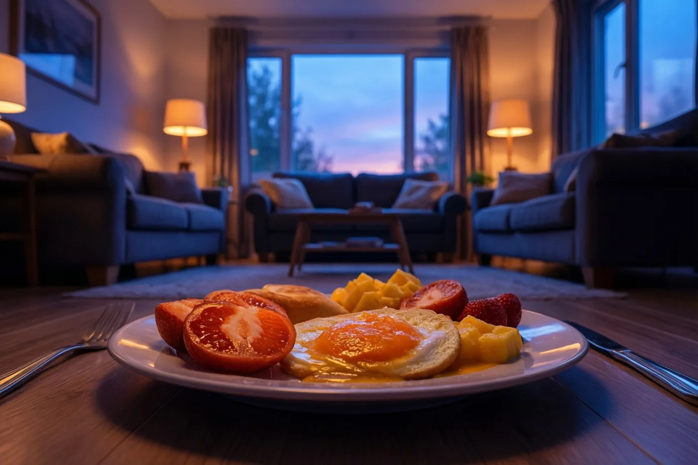 Een bord met een spiegelei, sinaasappel, aardbeien en mangoblokjes staat op een houten vloer in een woonkamer met lamplicht en schemering achter grote ramen.