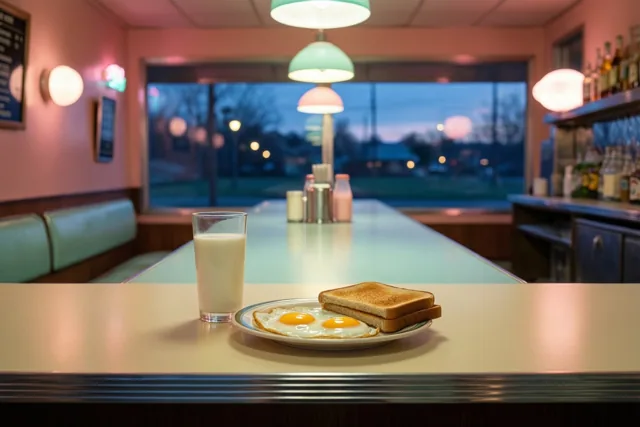 Een bord met spiegeleieren en toast staat naast een glas melk op de toog van een melkbar in jarenzestigstijl, met pastelroze en blauwgroene verlichting.