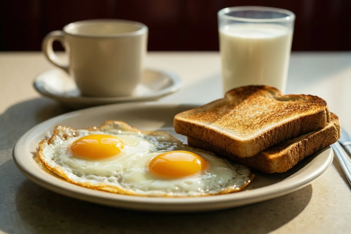 Een bord met twee spiegeleieren en twee sneetjes geroosterd brood staat naast een kop en een glas melk op een aanrecht in warm ochtendlicht, tegen een donkere achtergrond.