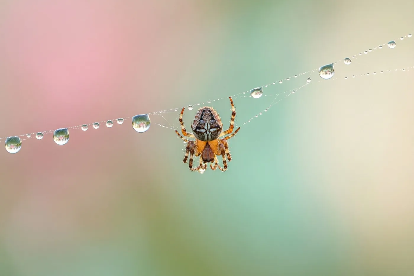 Een spin zit midden in haar web met dauwdruppels tegen een onscherpe achtergrond in roze, groene en crèmekleurige pasteltinten.