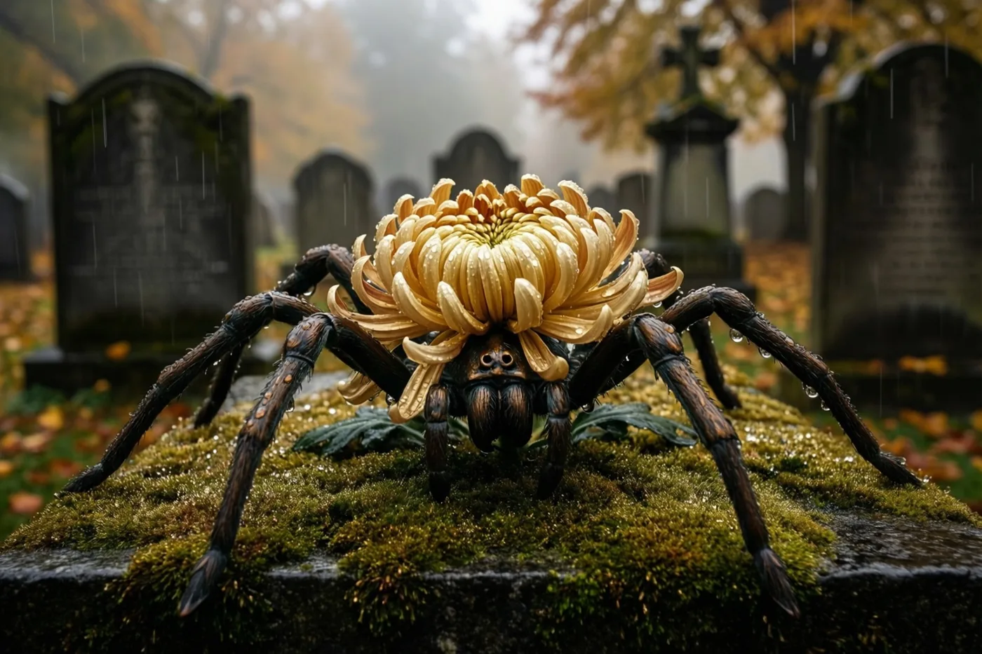 Een grote bronskleurige spin met een chrysant op haar rug en regendruppels op haar lijf zit op een bemost graf, met onscherpe grafstenen en herfstbomen in mistige regen erachter.