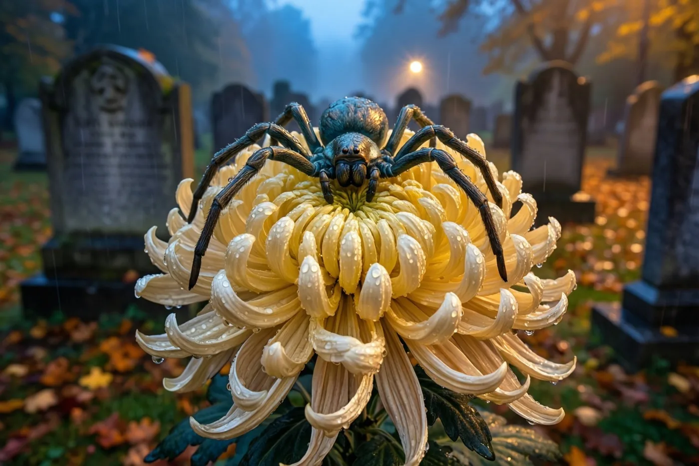 Een bronskleurige spin zit op een chrysant met regendruppels, met onscherpe grafstenen in de herfstmist op de achtergrond.