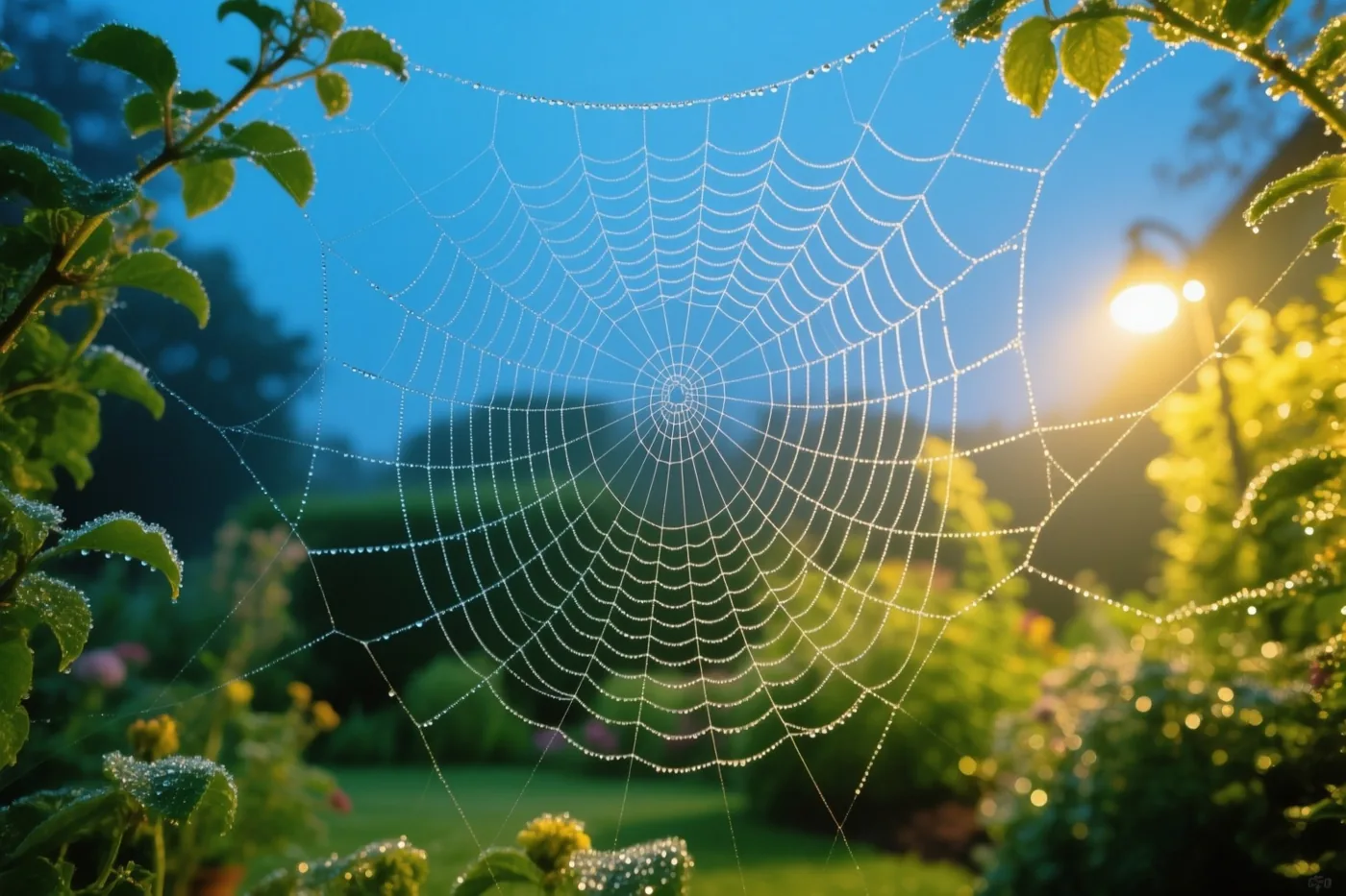Een spinnenweb met dauwdruppels hangt tussen groen blad bij het ochtendgloren, met een blauwe lucht en de warme gloed van een straatlamp op de achtergrond.