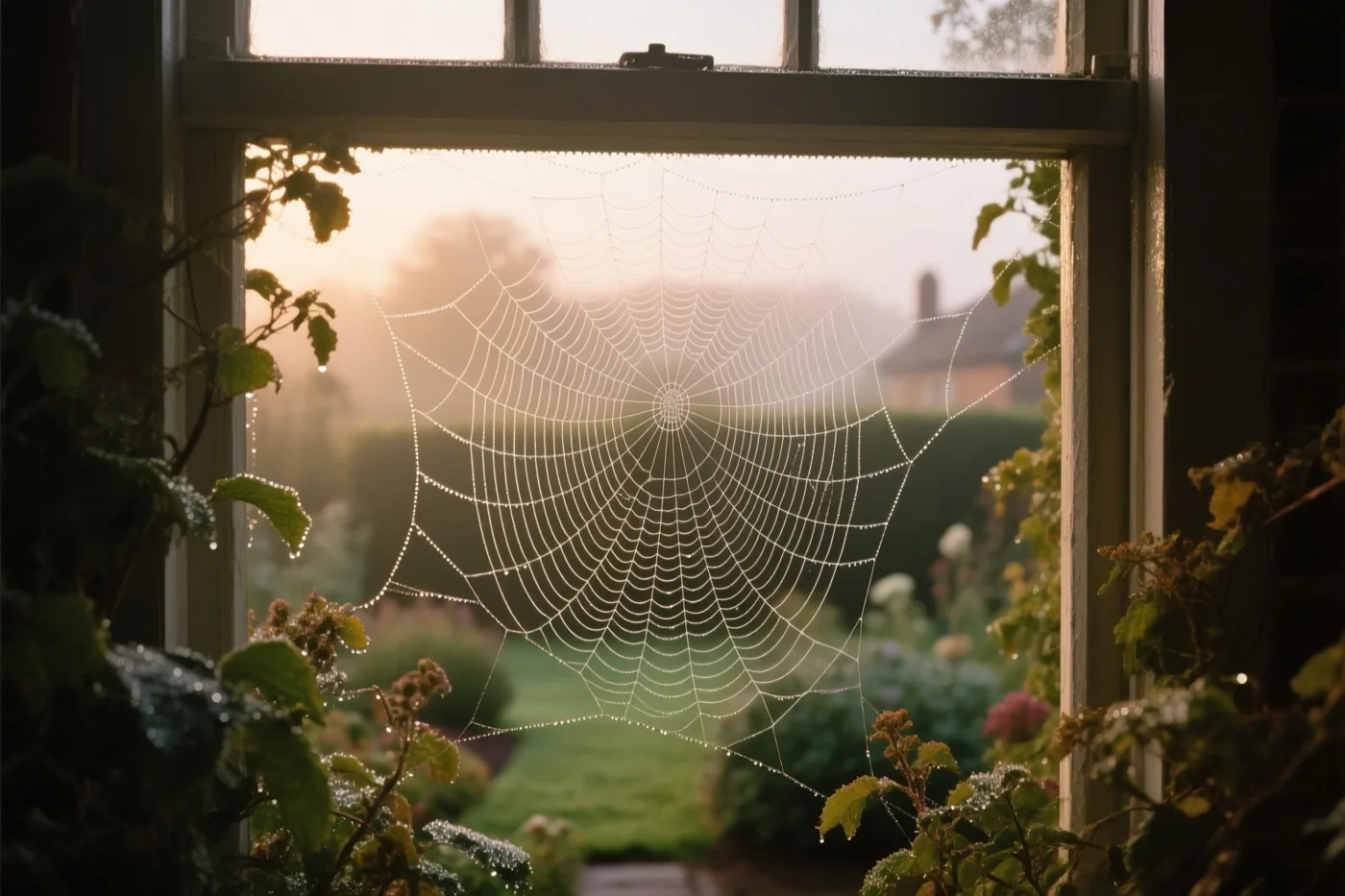 Door een raam is een spinnenweb met dauw te zien, met een tuin, een huis en groen blad in zacht gouden ochtendlicht.