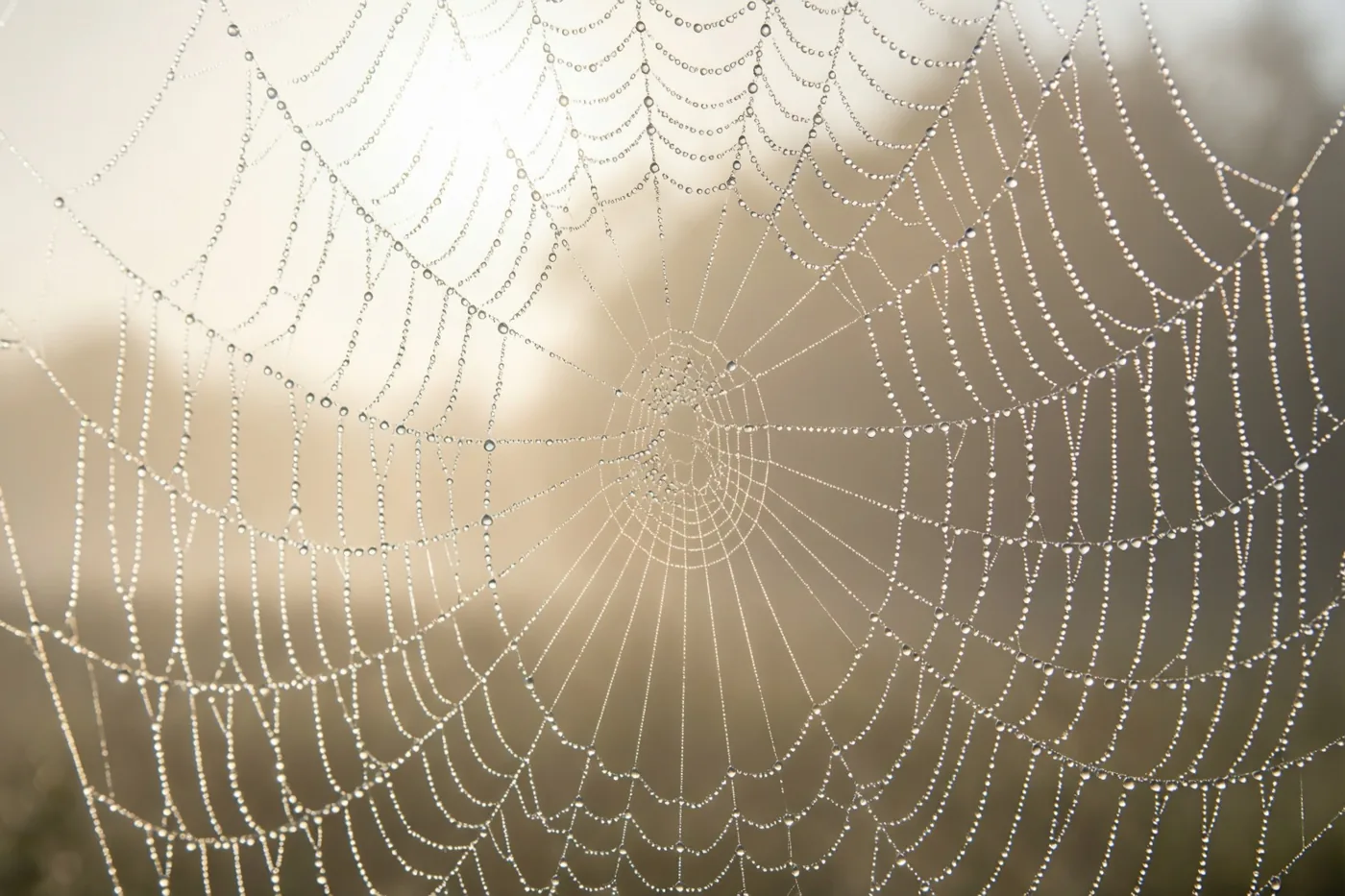 Een spinnenweb vol dauwdruppels licht op in de vroege ochtendzon tegen een zachte, wazige achtergrond.