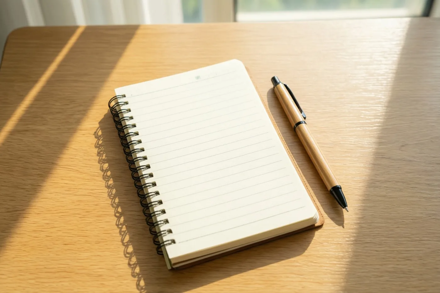 Een leeg spiraalboek en een houten pen liggen op een licht houten bureau in een warme zonnestraal.