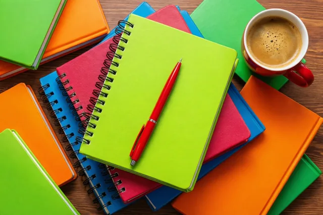 Een stapel kleurrijke spiraalschriften met een rode pen erbovenop ligt naast een kop koffie op een houten bureau, met opvallende groene, oranje en rode tinten.