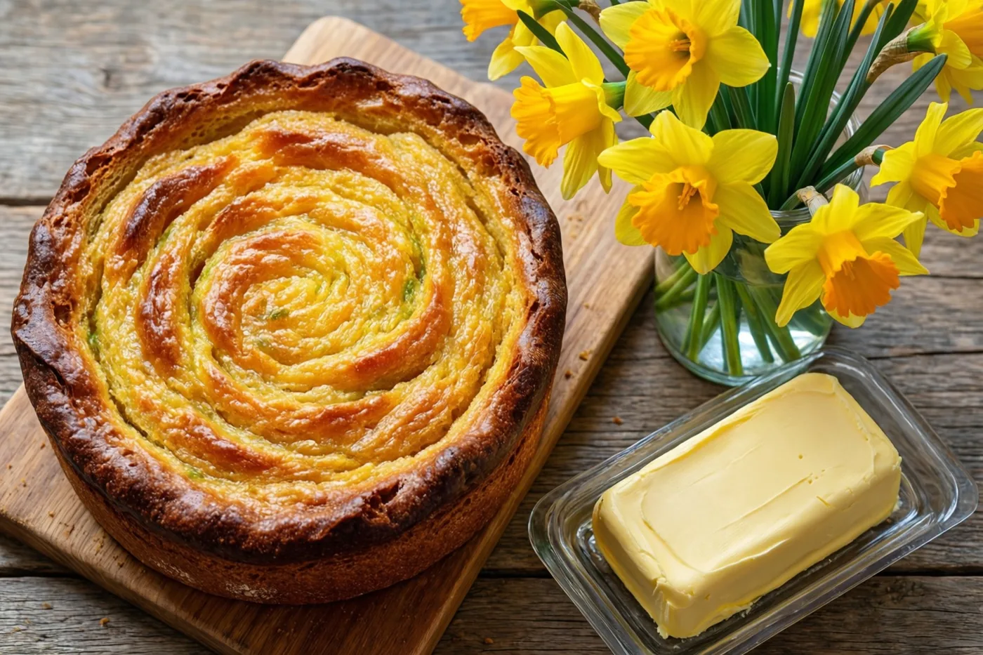 Een goudbruine spiraalvormige kramiek ligt op een houten snijplank naast een glazen schaaltje boter en een vaas gele narcissen op een rustieke houten tafel.