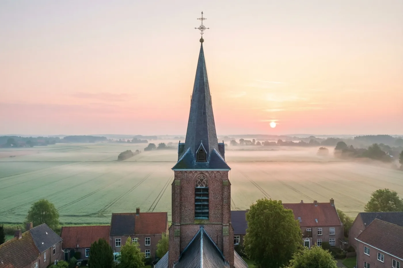 Een hoge bakstenen kerktoren met een spitse torenspits staat in een dorp tussen vlakke mistige velden, onder een roze-oranje hemel bij zonsopgang.