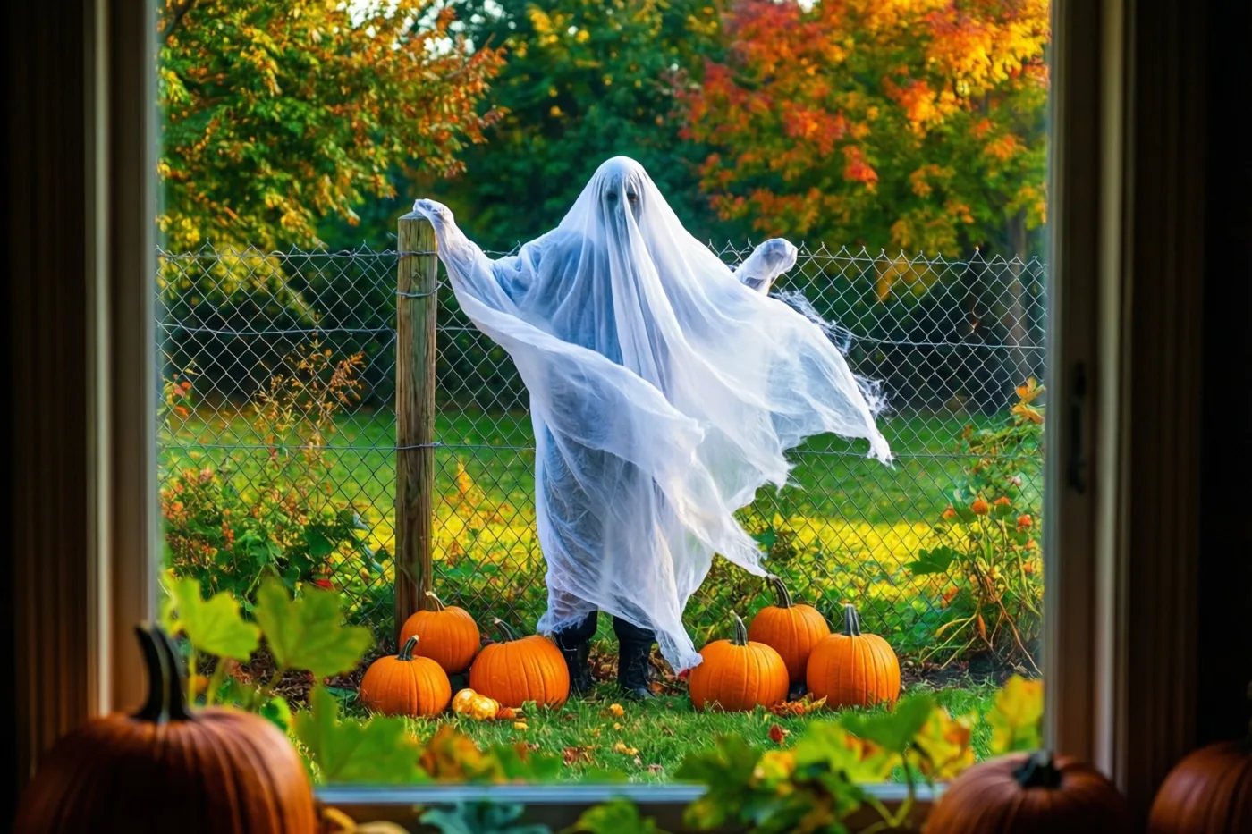 Door een raam is een figuur onder een wapperend wit spooklaken te zien, leunend tegen een hekpaal naast pompoenen, met herfstbladeren op de achtergrond.