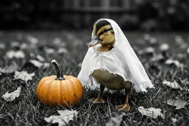Een eendje geeft Halloween kleur