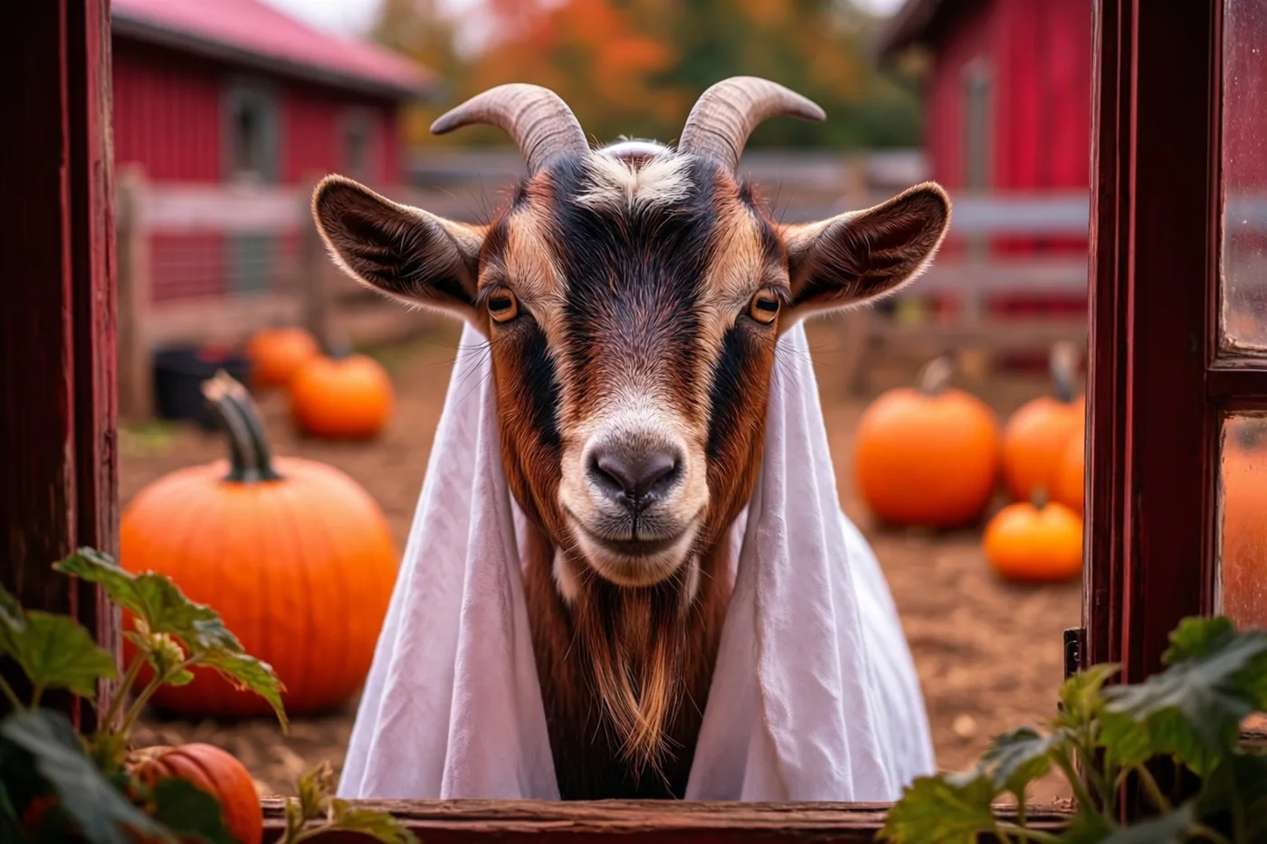 Een geit met gebogen horens en een wit spooklaken kijkt door een houten raamkozijn, met pompoenen en rode schuren op het erf erachter.