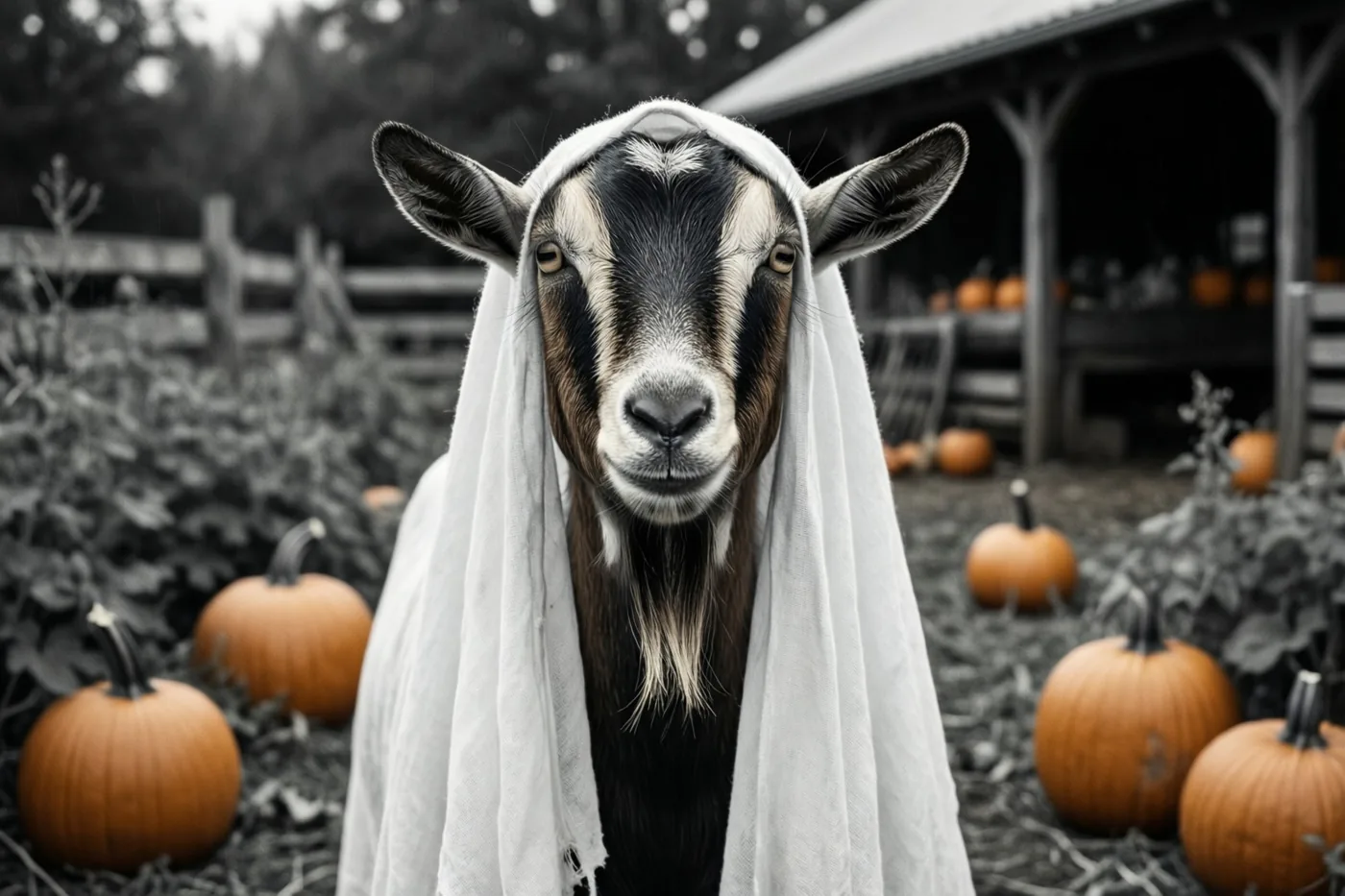 Een geit met een wit spooklaken staat tussen pompoenen op een erf, in een grotendeels zwart-witbeeld waarin de pompoenen kleur behouden.