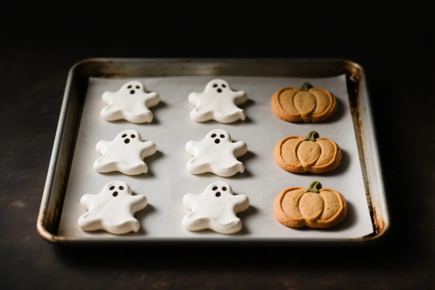 Witte spookjes van meringue en oranje pompoenkoekjes liggen in rijen op een bakplaat tegen een donkere achtergrond.