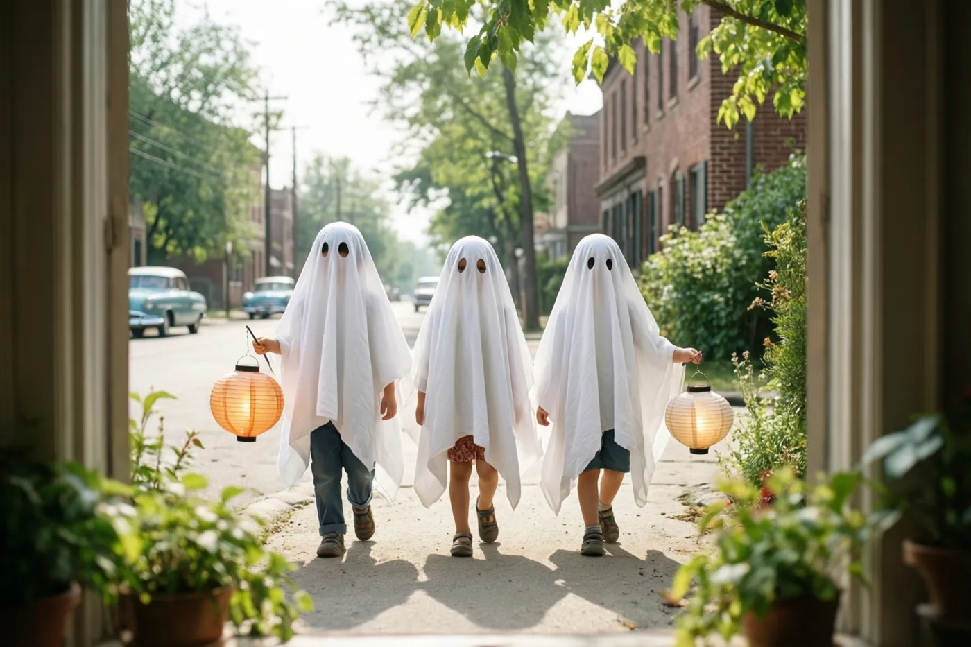 Vanuit een deuropening met potplanten aan weerszijden zijn drie kinderen van achteren te zien die in zelfgemaakte spookkostuums met papieren lantaarns door een zonnige straat in jarenvijftigstijl lopen.