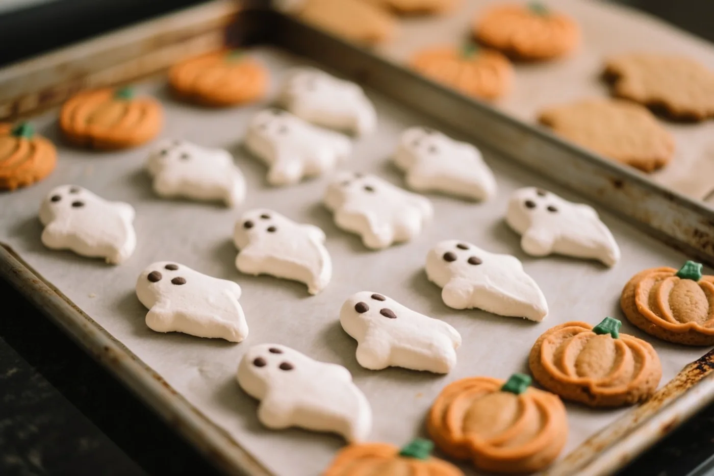 Spookjes van meringue en pompoenkoekjes liggen op bakpapier op een bakplaat in een warm verlichte keuken.