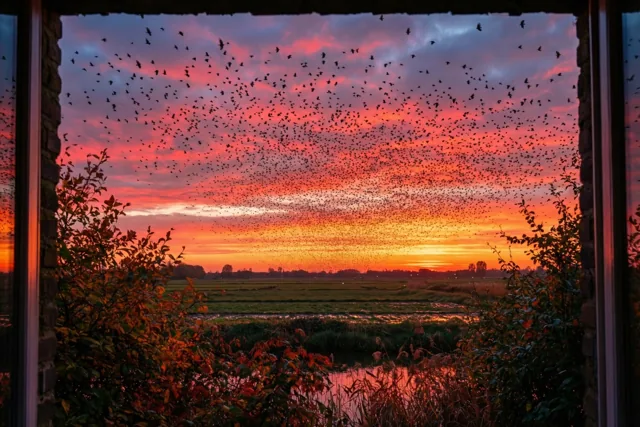 Spreeuwen kleuren de herfstavond