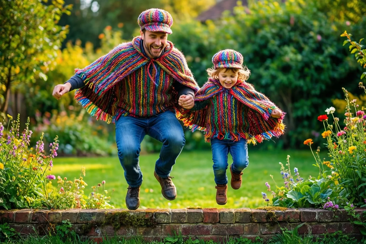 Een vader en een kind met gelijke kleurrijke gebreide capes en mutsen springen van een laag bakstenen muurtje in een zonnige tuin met gras en bloemen.