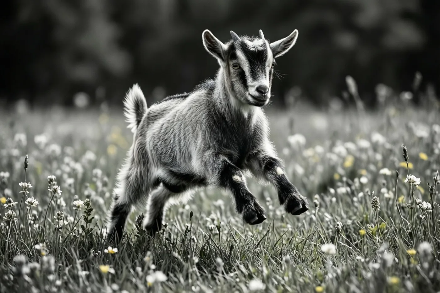 Een geitje springt met alle vier de poten van de grond in een veld met gras en wilde bloemen, in een zwart-wit beeld.