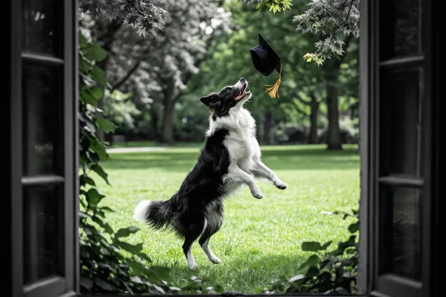 Geslaagd, de collie springt mee