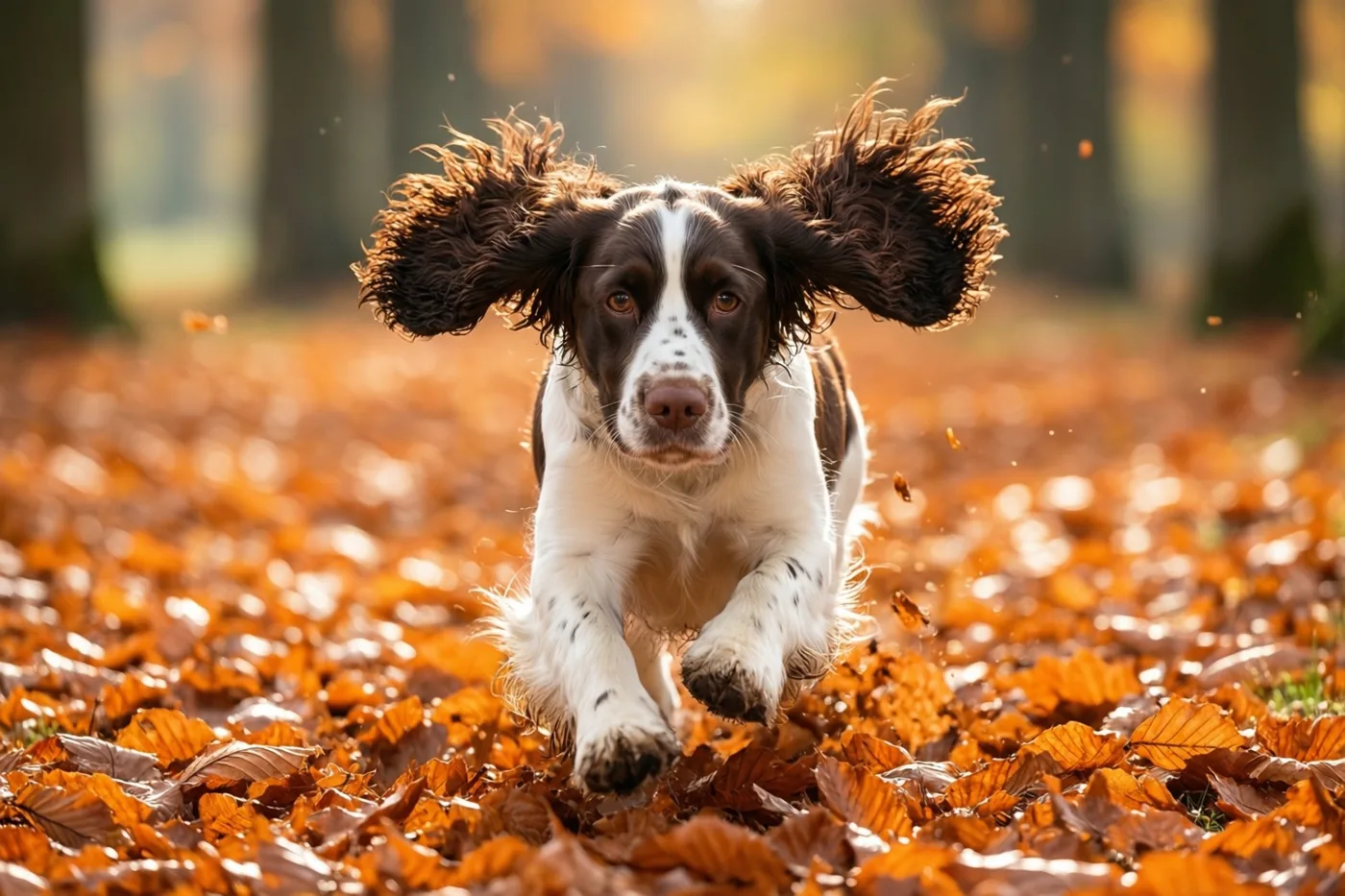 Een bruin-witte spaniël springt door een dikke laag oranje beukenbladeren in een bos met laag, warm herfstzonlicht.