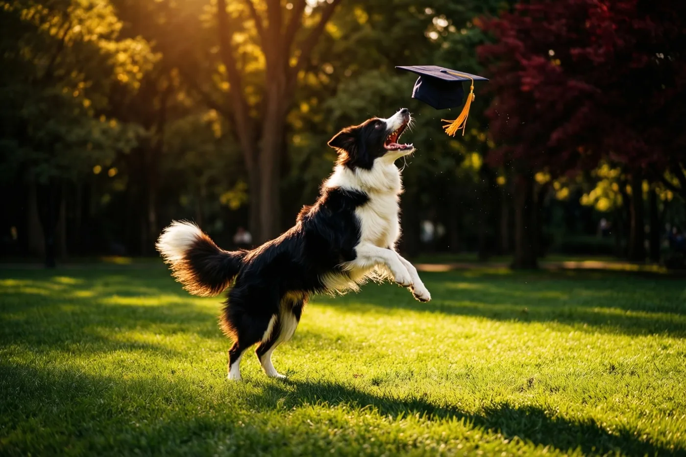 Een zwart-witte bordercollie springt naar een afstudeerhoed in een groen park, met warm goudkleurig zonlicht en bomen op de achtergrond.
