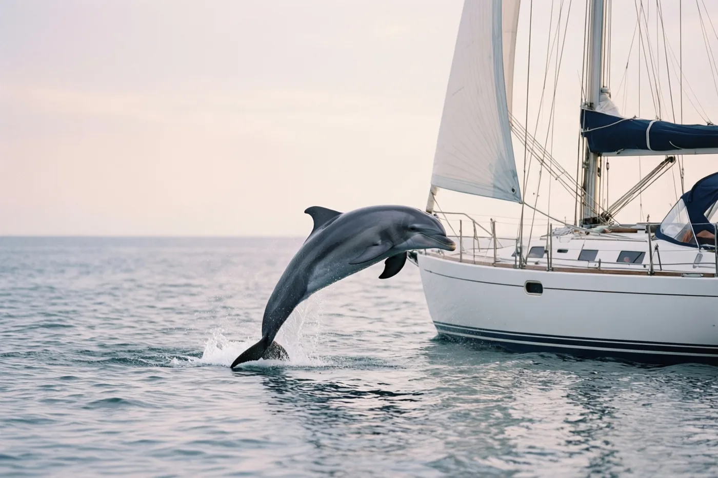 Een dolfijn springt uit het water naast een witte zeilboot met gehesen zeilen op een kalme zee onder een zachtbewolkte hemel.