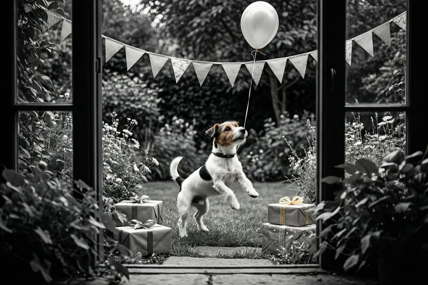 Een jackrussellterriër springt naar een ballontouwtje in een tuin met vlaggetjes en ingepakte cadeaus, op een zwart-witfoto waarop alleen de ballon kleur heeft.