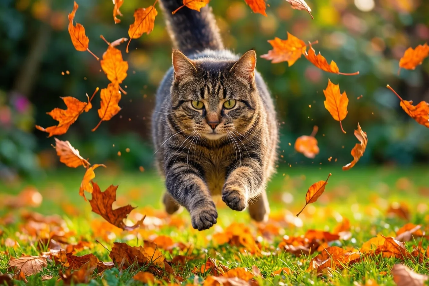 Een tijgerkat springt met alle vier de poten van de grond tussen dwarrelende oranje bladeren in een zonnige tuin met gras.