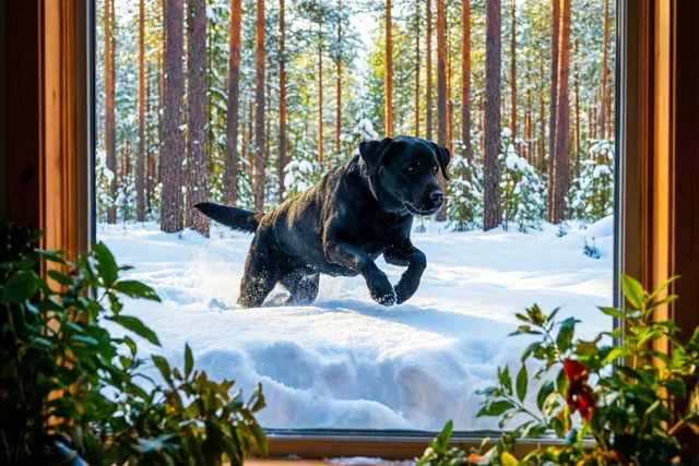 Winterpret met een springende labrador