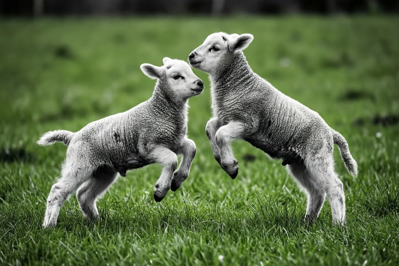 Twee lammetjes in zwart-wit springen speels bij elkaar boven felgroen gras in een beeld met selectief kleurgebruik.