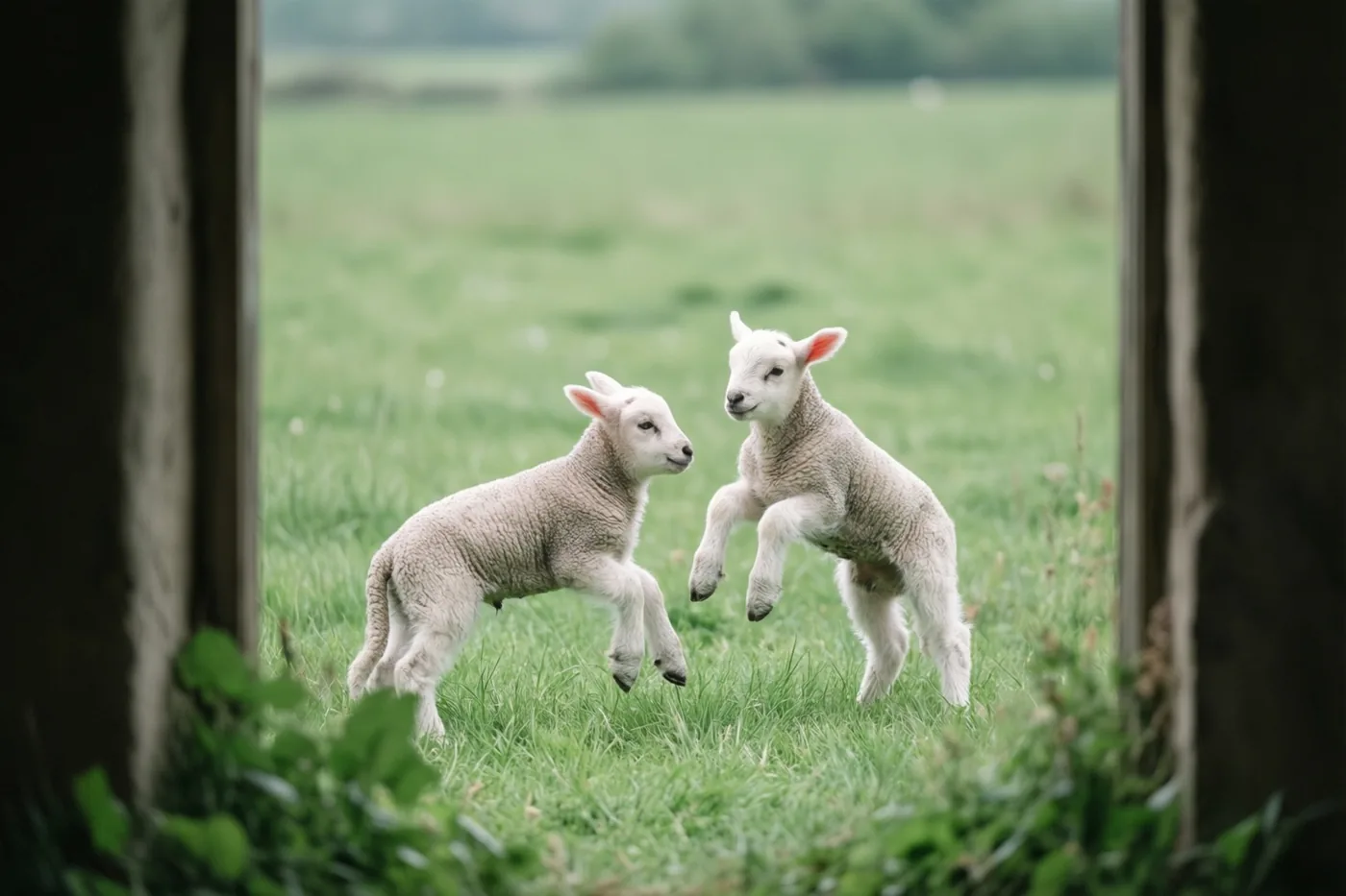 Door een houten kader zijn twee jonge lammetjes te zien die in een groene weide springen.