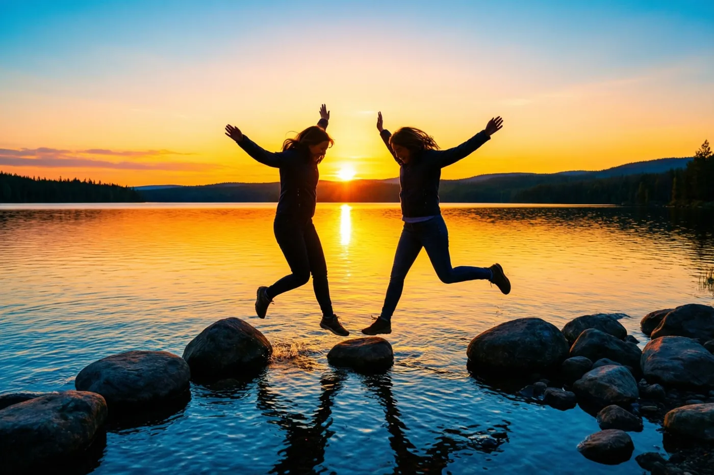 De silhouetten van twee vrienden hangen midden in een sprong over rotsen in een kalm meer bij een oranjegele zonsondergang, met diepblauw water en een diepblauwe lucht.
