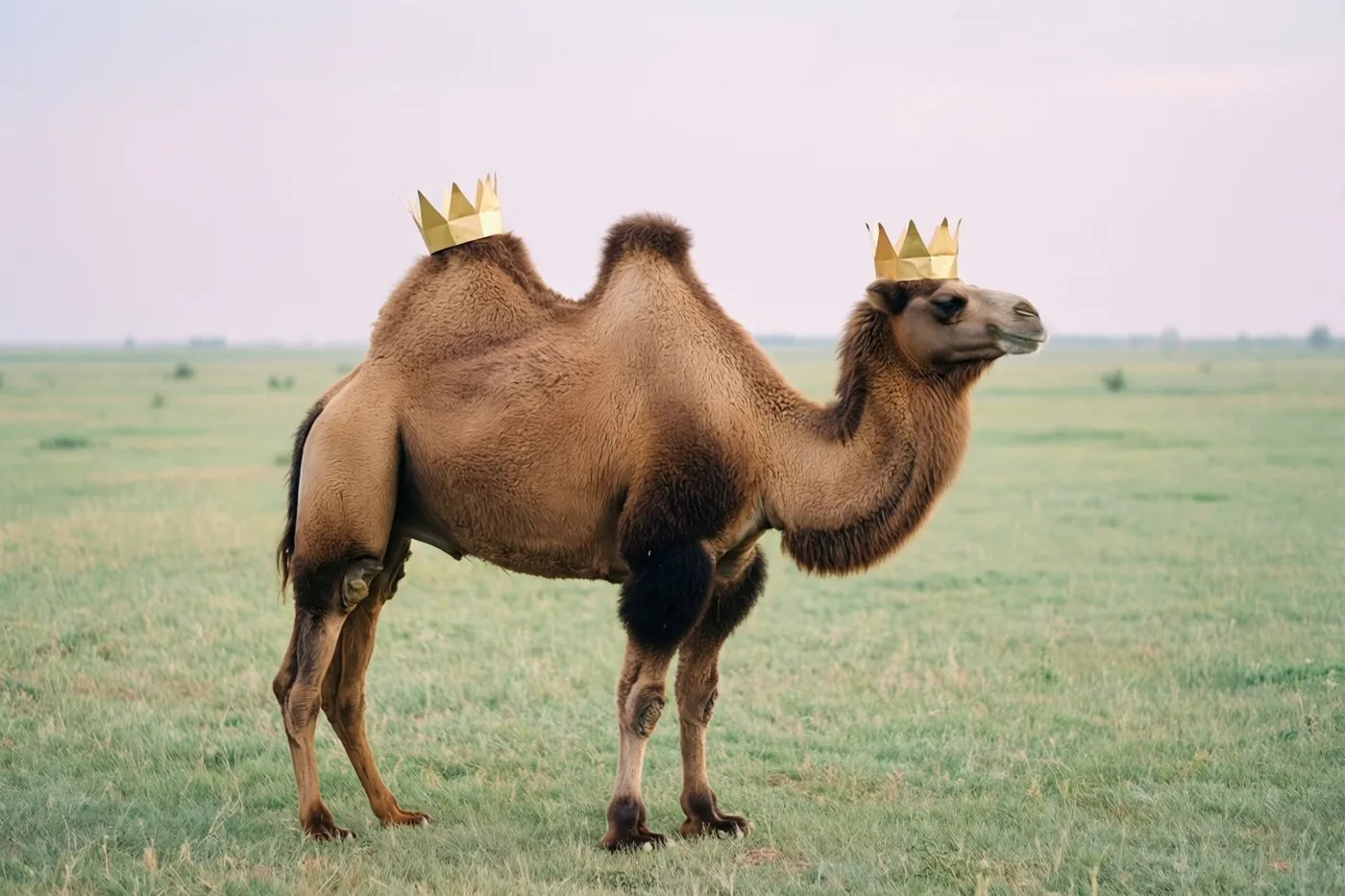 Een kameel staat in een grasweide met een goudkleurige papieren kroon op elk van zijn twee bulten onder een bleke lucht in zacht daglicht.
