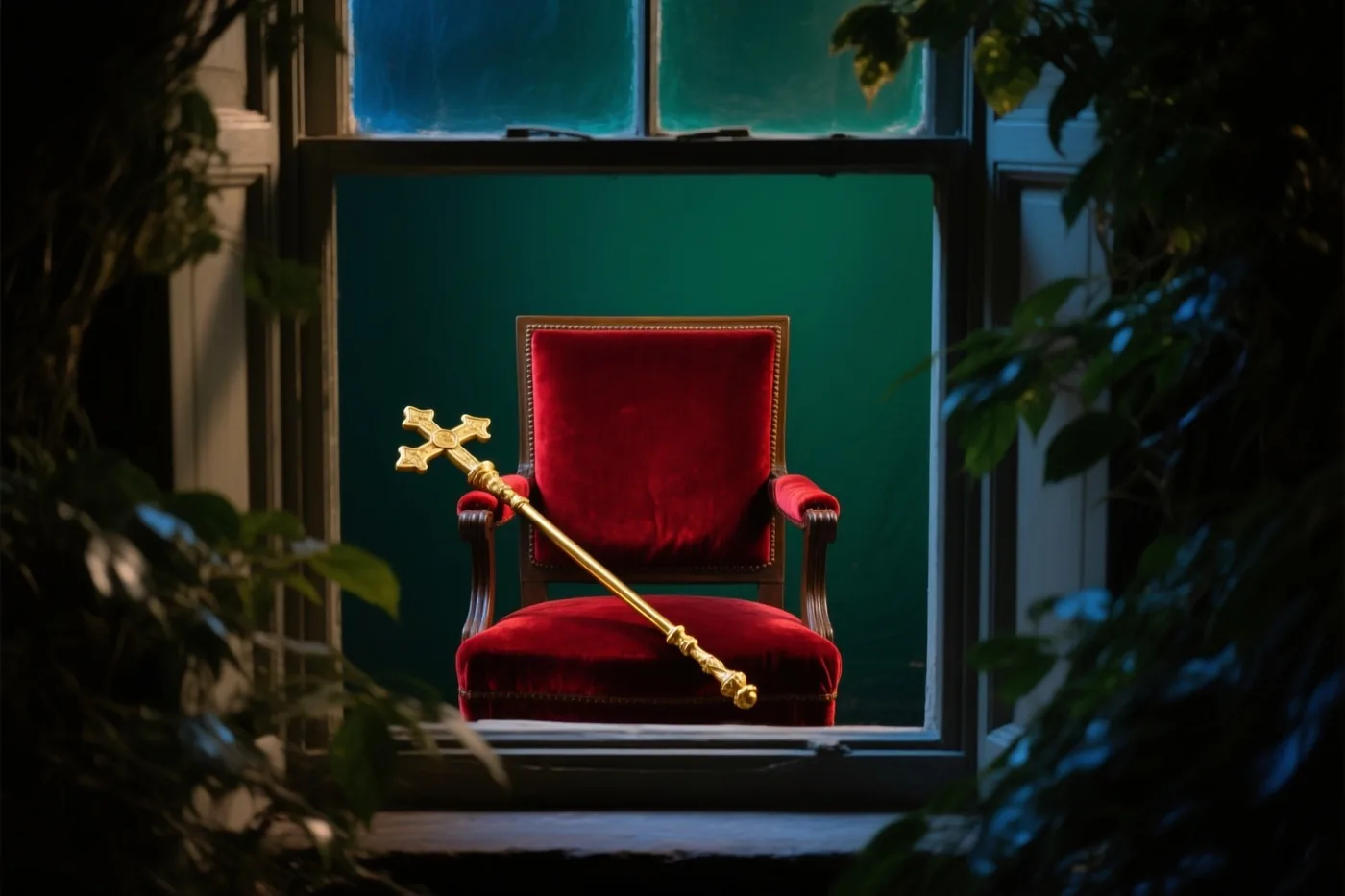 Een gouden staf met een kruisvormige top ligt schuin op een lege roodfluwelen stoel bij een raam met groene ruiten, gezien door donker gebladerte.