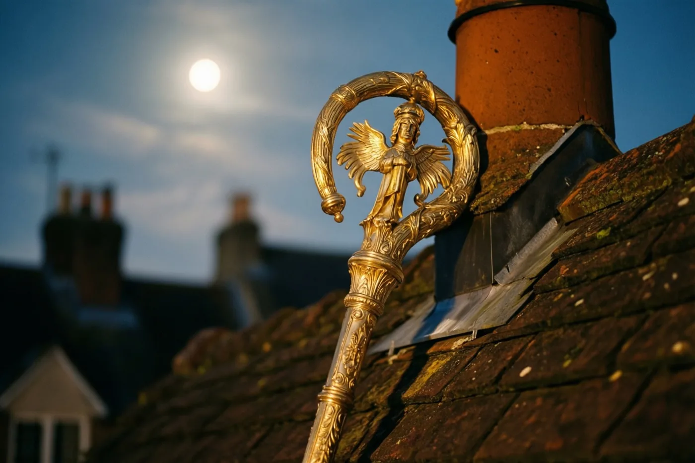 Een gouden bisschopsstaf met een engelfiguur leunt tegen een schoorsteen op een pannendak onder een heldere maan aan een blauwe hemel.