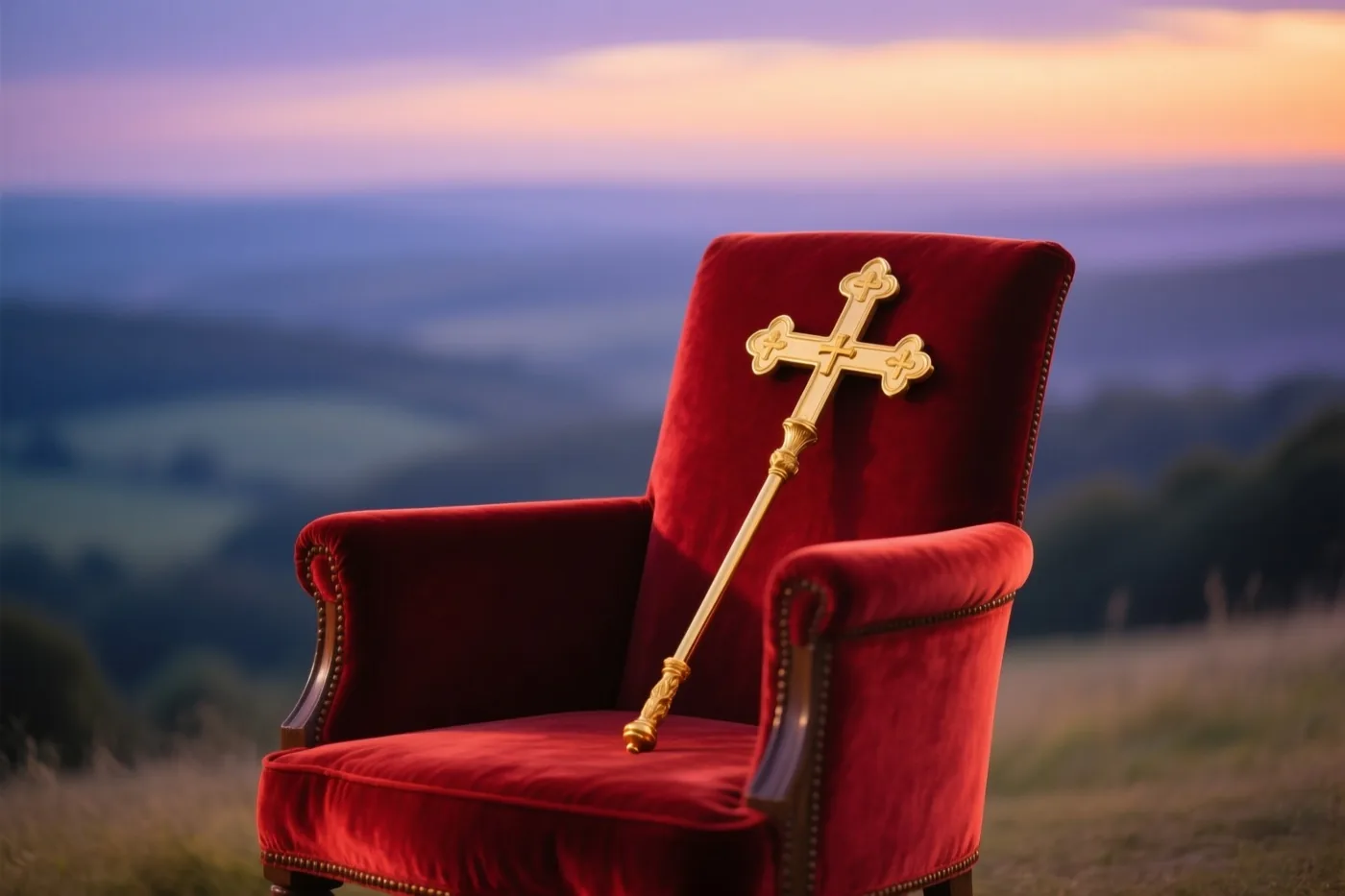 Een gouden staf met een kruisvormige top rust op een roodfluwelen fauteuil buiten, met een wazig landschap in paarse en oranje zonsondergangskleuren erachter.