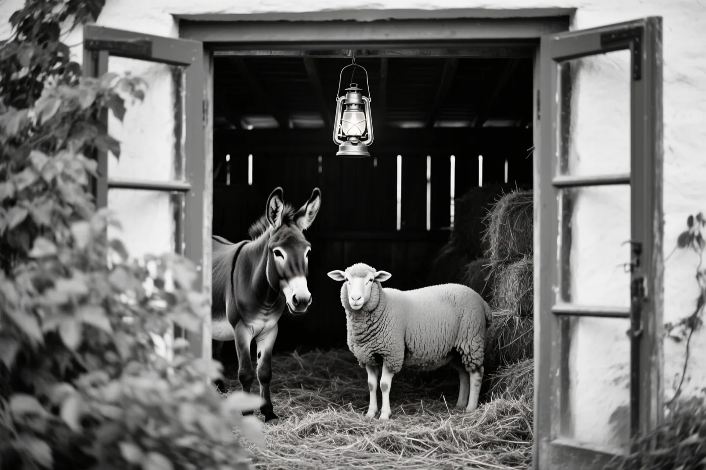 Een zwart-witfoto toont door een open deuropening een ezel en een schaap in een stal met stro en een lantaarn boven hen.