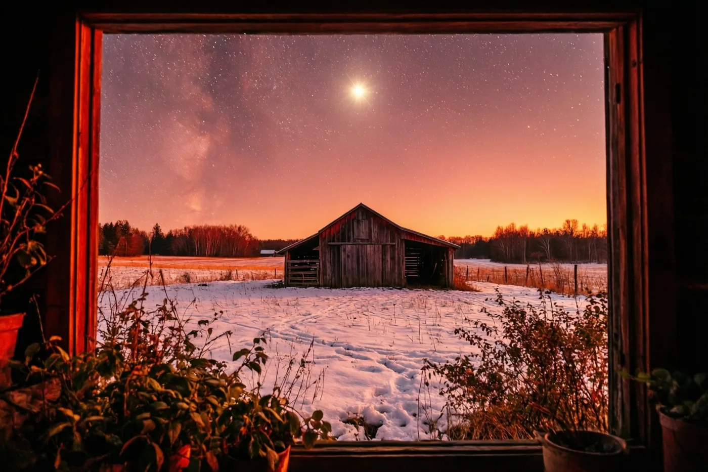 Door een houten raamkozijn is een klein houten stalletje in een besneeuwd veld te zien onder een nachtelijke sterrenhemel met een heldere ster en oranje, roze en witte tinten.