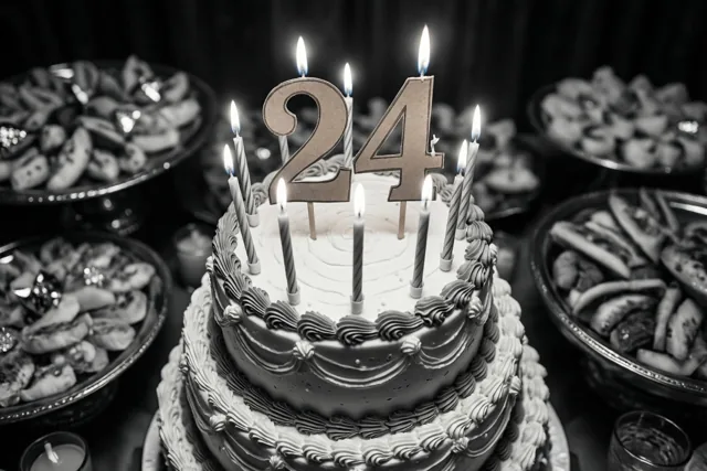 Een zwart-witfoto toont een stapeltaart met brandende kaarsjes en een papieren versiering met 24 tussen kommetjes desserts op een buffettafel.