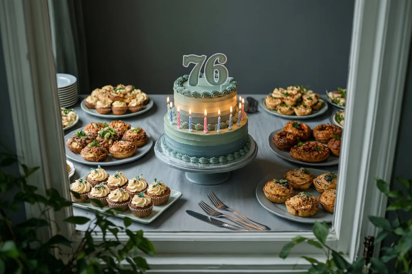 Door een wit raamkozijn met groen op de voorgrond is een buffettafel te zien met een taart met verdiepingen, een papieren 76, brandende kaarsjes, gebak en cupcakes.