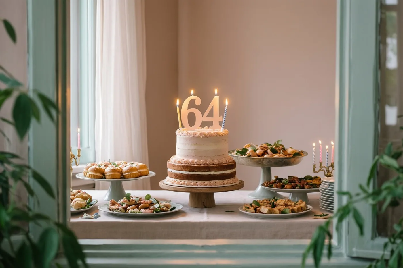 Een stapeltaart met een papieren 64 en brandende kaarsjes staat op een buffettafel bij een raam met groen, in een zacht verlichte kamer met pasteltinten.