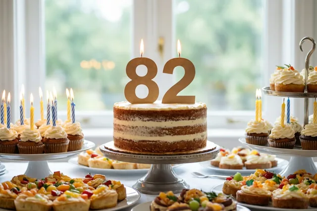 Een taart met verdiepingen, een papieren 82 bovenop en brandende kaarsen staat op een feestelijk buffet bij een raam in daglicht.