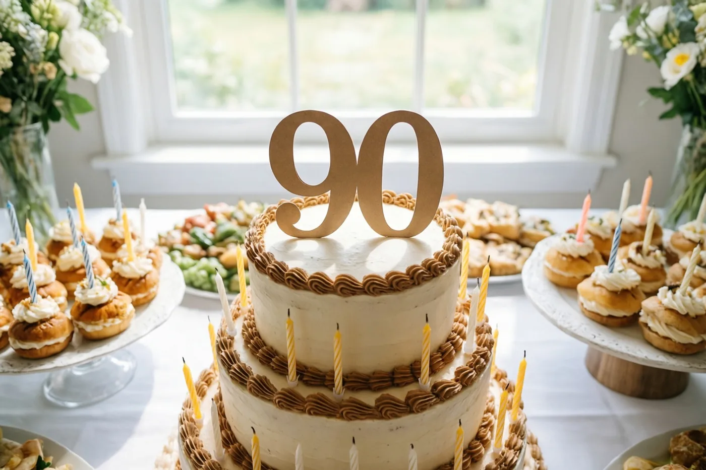 Een verjaardagstaart met meerdere verdiepingen, kaarsen en een papieren versiering met 90 staat op een buffet bij een raam, tussen bloemstukken in pasteltinten.