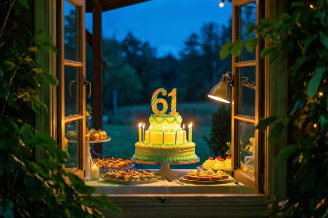 Een taart met meerdere verdiepingen, brandende kaarsen en een kleurrijke versiering met 61 staat op een buffet bij een open raam in de schemering.