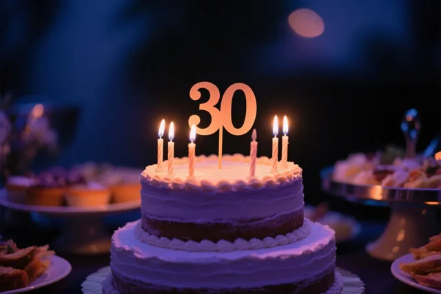 Een taart met meerdere verdiepingen, brandende kaarsen en een versiering met 30 staat op een feestbuffet in gedempt blauw licht tegen een donkere, onscherpe achtergrond.