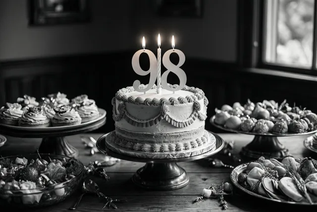 Een zwart-witfoto toont een taart met meerdere verdiepingen, een papieren 98 en drie brandende kaarsen op een dessertbuffet, met een raam op de achtergrond.
